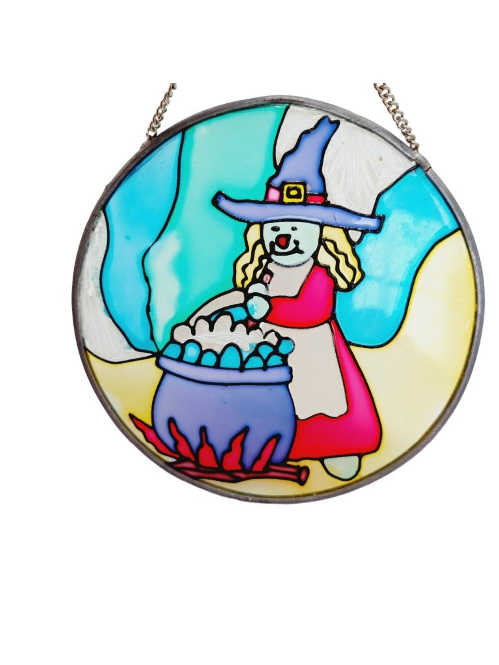 Halloween Stained Glass Witch Cauldron Suncatcher Round READ